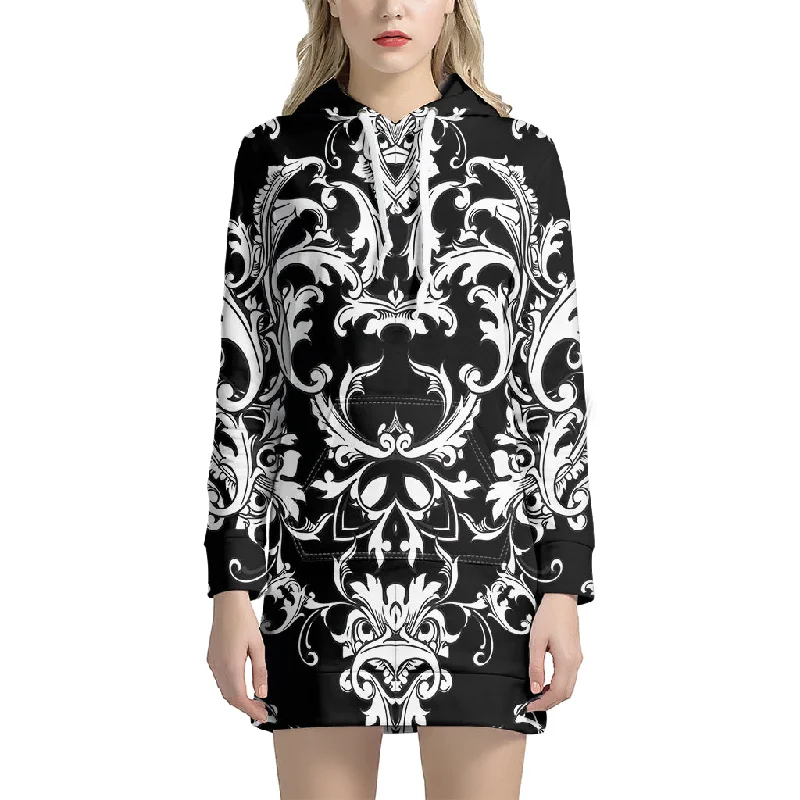 Black And White Damask Pattern Print Pullover Hoodie Dress