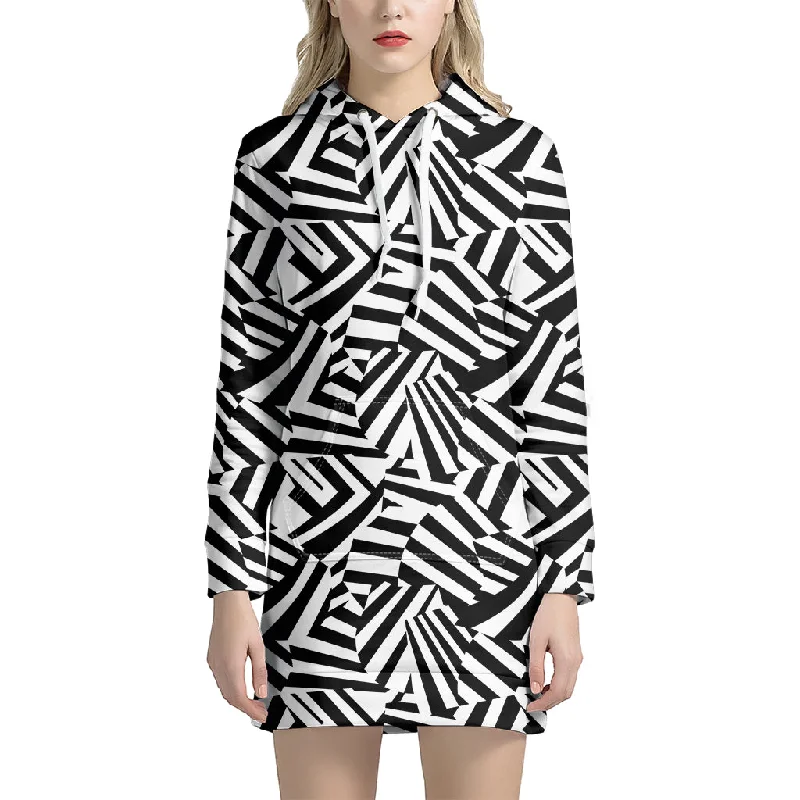 Black And White Dazzle Pattern Print Pullover Hoodie Dress