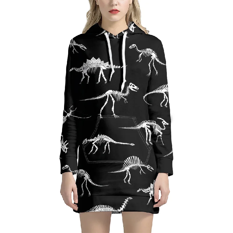 Black And White Dinosaur Fossil Print Pullover Hoodie Dress