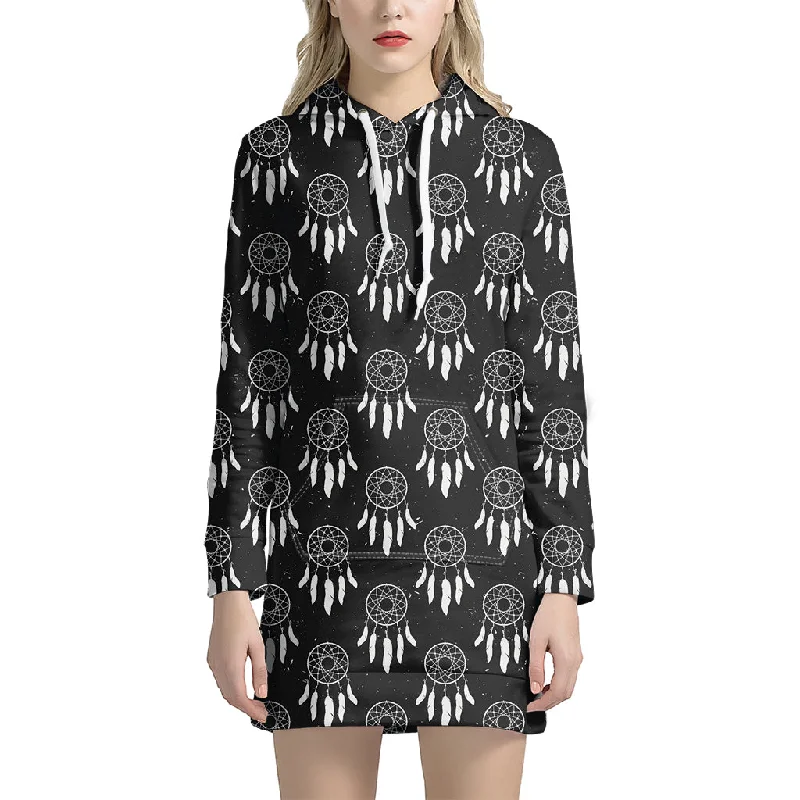 Black And White Dream Catcher Print Pullover Hoodie Dress