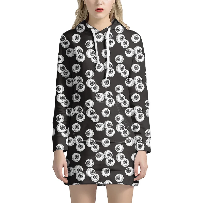 Black And White Eyeball Pattern Print Pullover Hoodie Dress