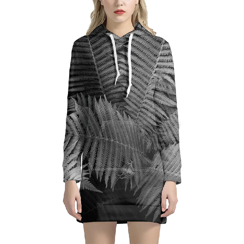 Black And White Fern Leaf Print Pullover Hoodie Dress