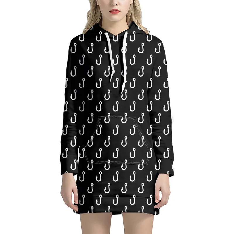 Black And White Fishing Hooks Print Pullover Hoodie Dress