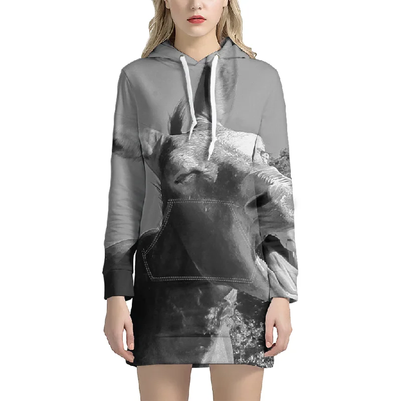 Black And White Funny Donkey Print Pullover Hoodie Dress