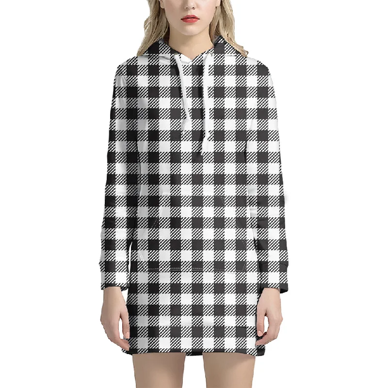 Black And White Gingham Pattern Print Pullover Hoodie Dress