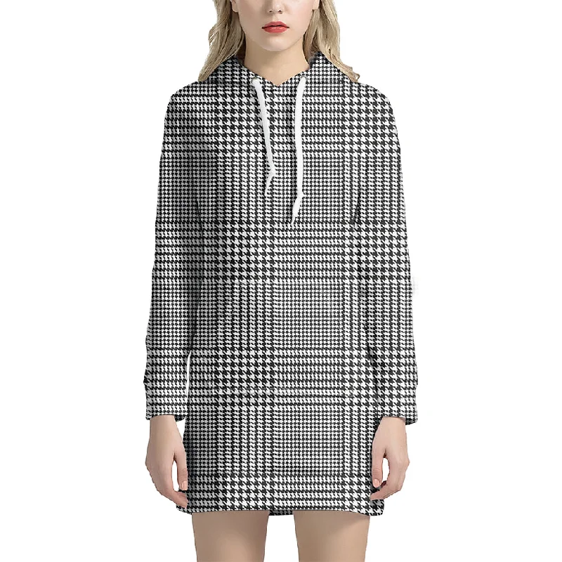 Black And White Glen Plaid Print Pullover Hoodie Dress