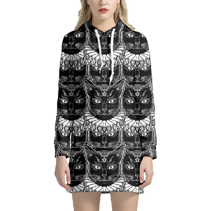 Black And White Gothic Wiccan Cat Print Pullover Hoodie Dress