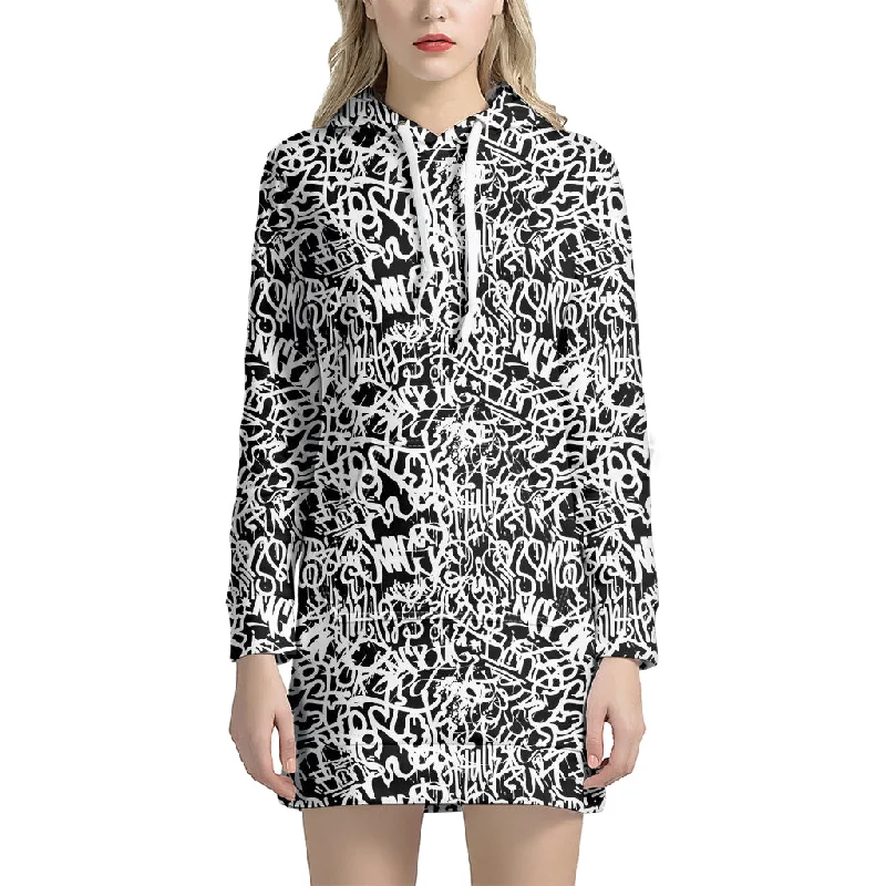 Black And White Graffiti Pattern Print Pullover Hoodie Dress