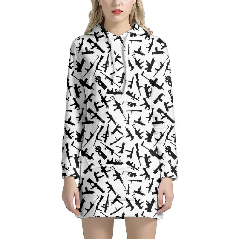 Black And White Guns Pattern Print Pullover Hoodie Dress