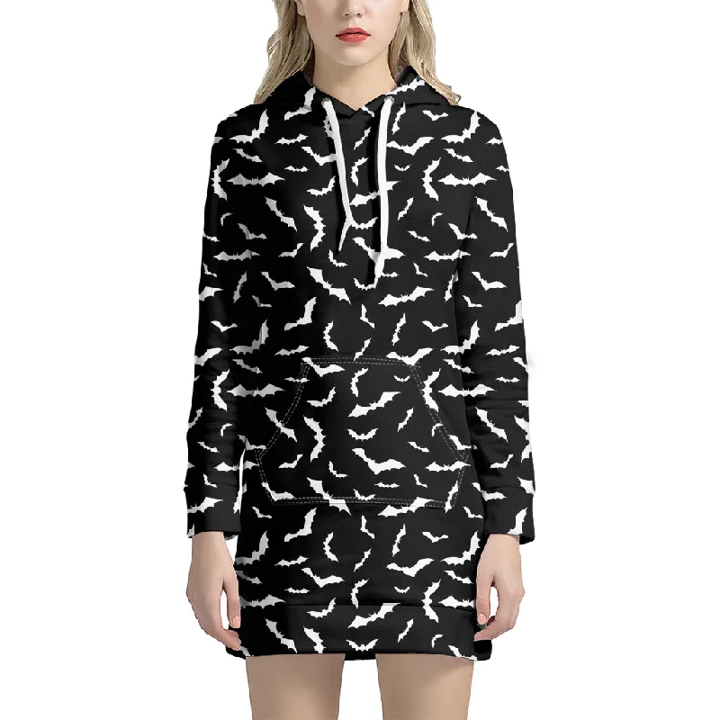 Black And White Halloween Bat Print Pullover Hoodie Dress