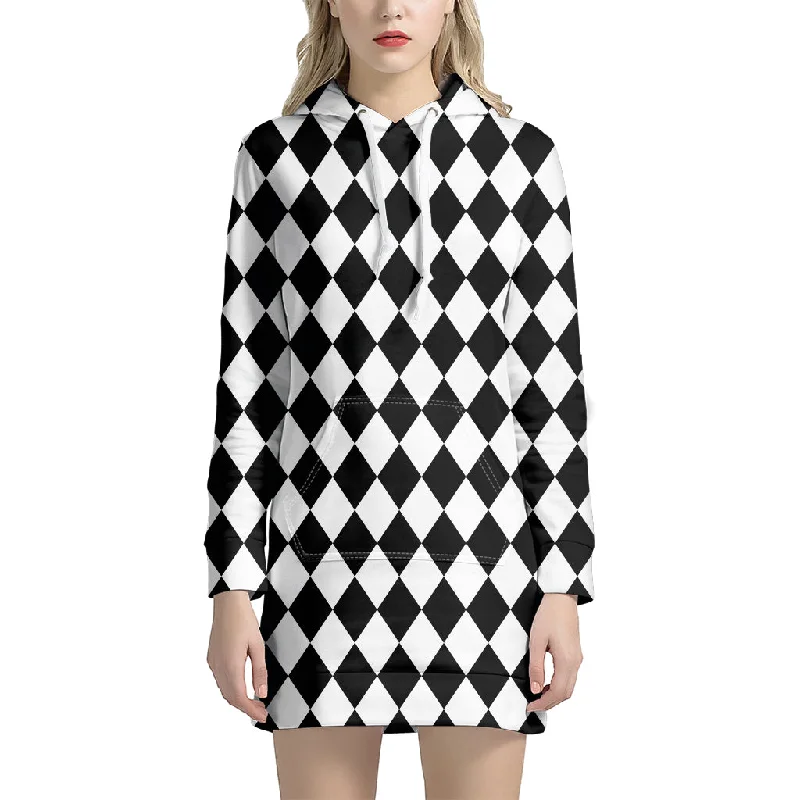 Black And White Harlequin Pattern Print Pullover Hoodie Dress