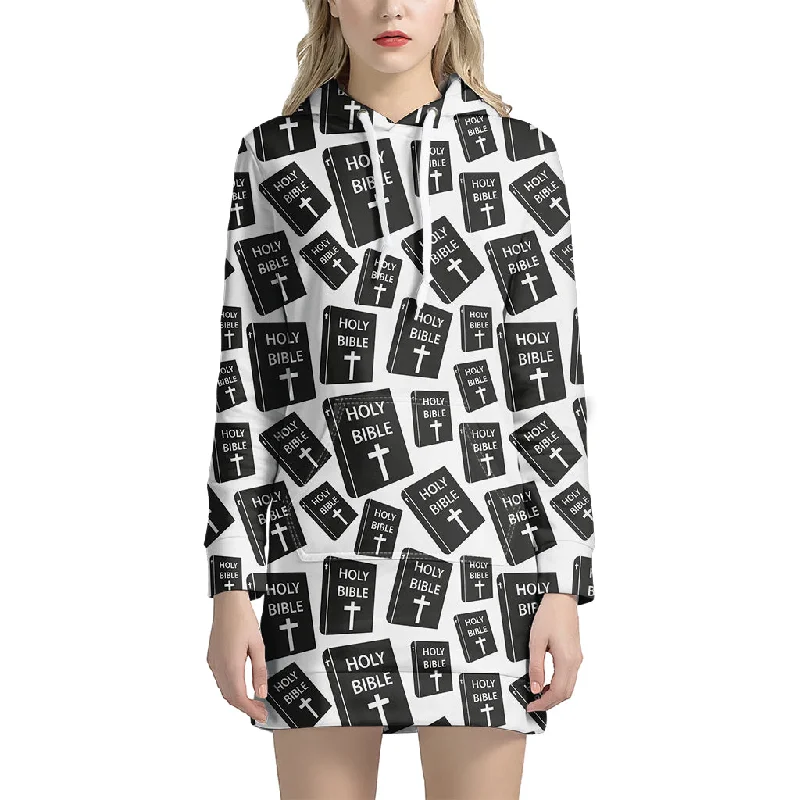 Black And White Holy Bible Pattern Print Pullover Hoodie Dress