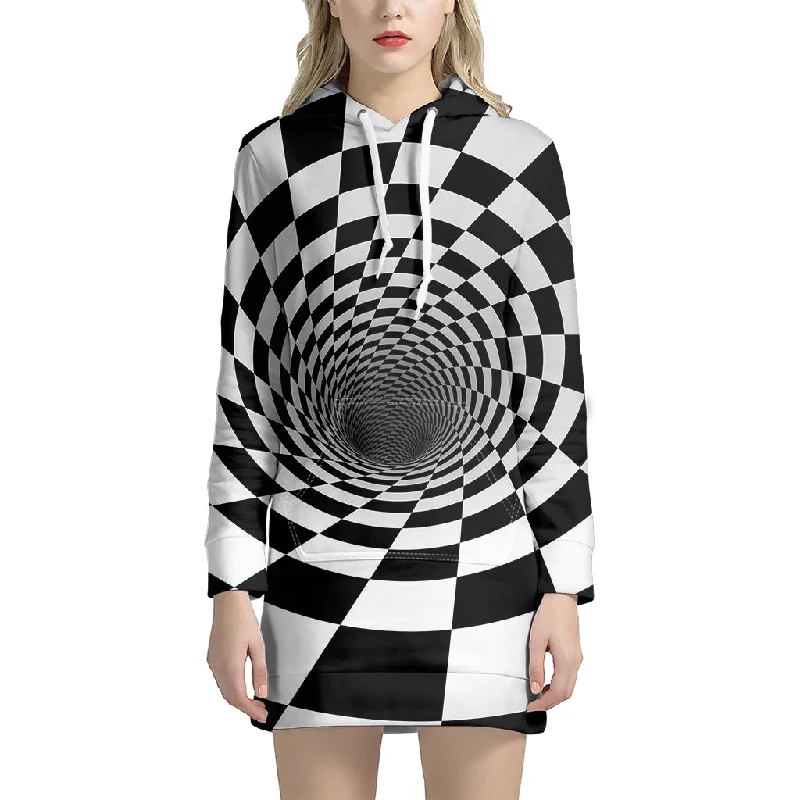 Black And White Hypnotic Illusion Print Pullover Hoodie Dress