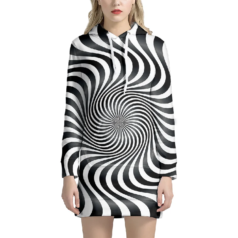 Black And White Illusory Motion Print Pullover Hoodie Dress