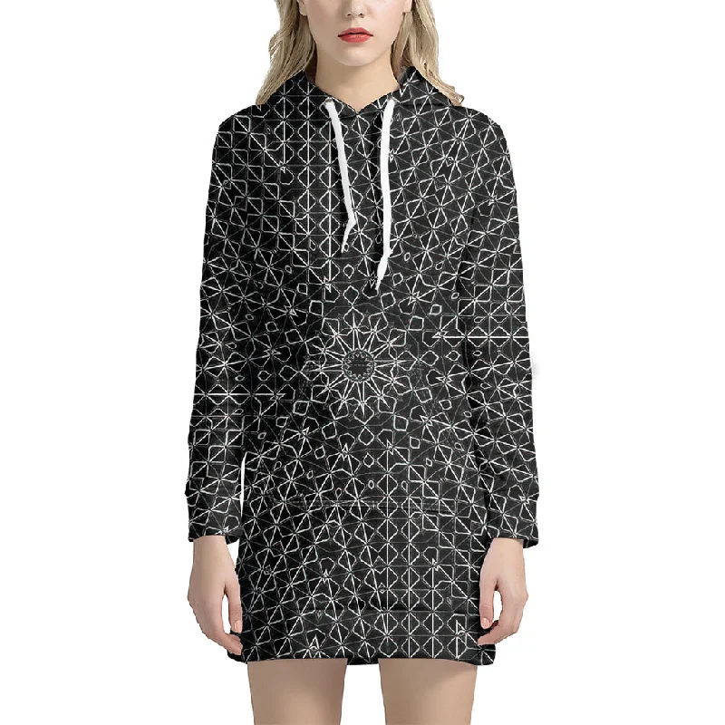 Black And White Kaleidoscope Print Pullover Hoodie Dress