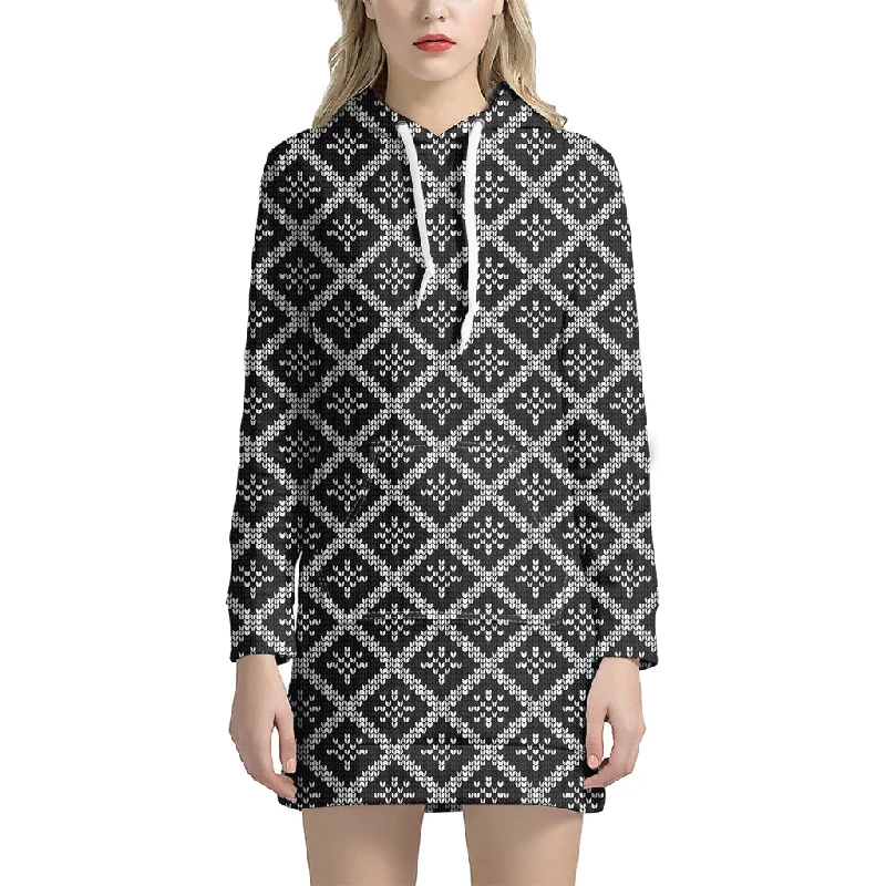 Black And White Knitted Pattern Print Pullover Hoodie Dress