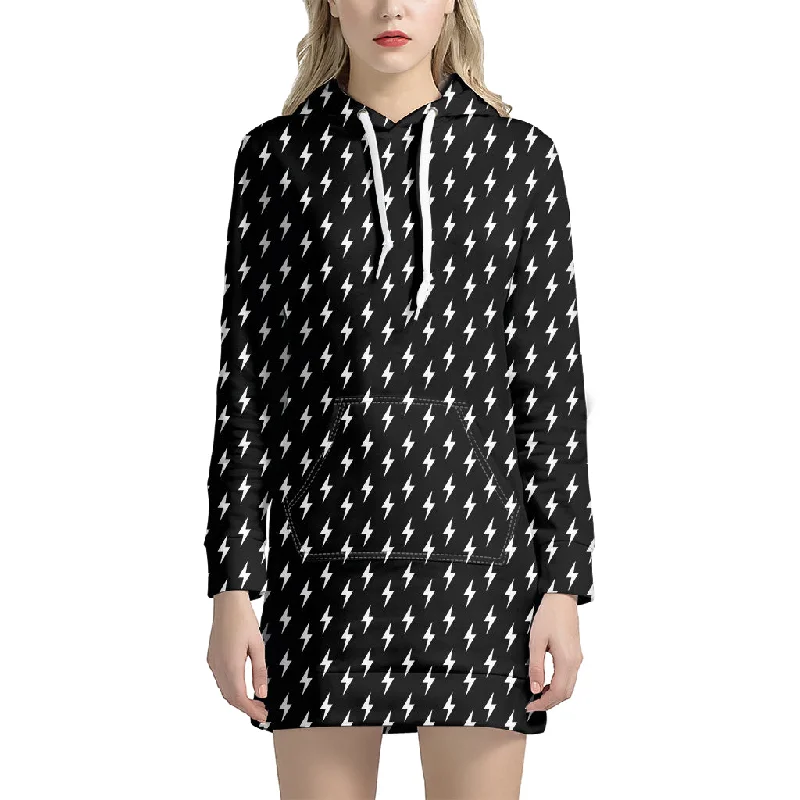 Black And White Lightning Pattern Print Pullover Hoodie Dress