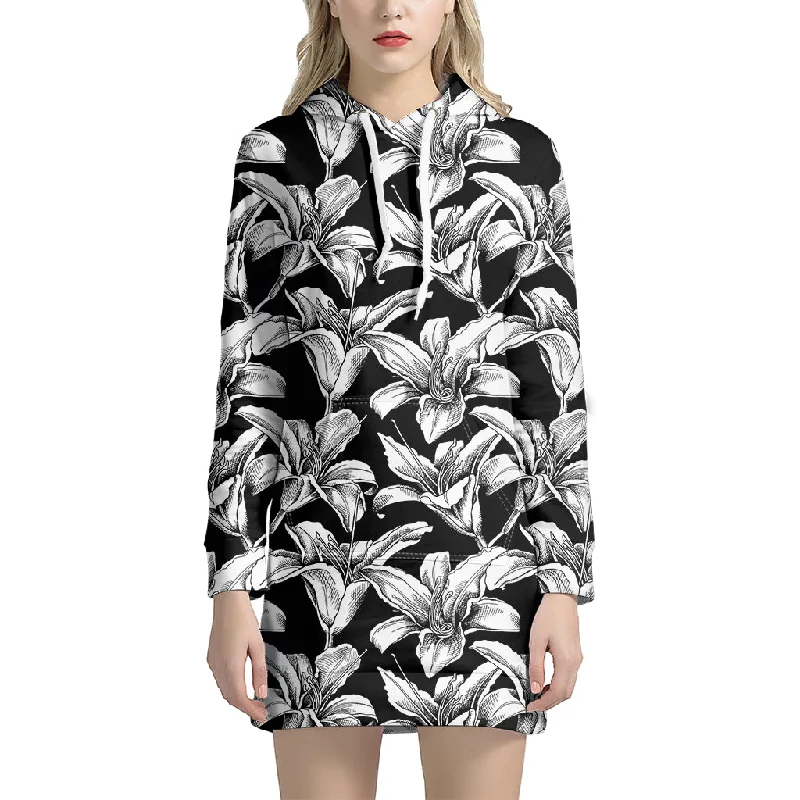 Black And White Lily Pattern Print Pullover Hoodie Dress