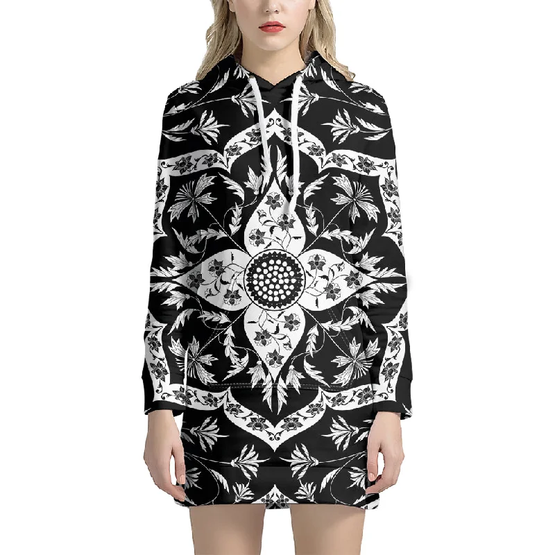 Black And White Lotus Mandala Print Pullover Hoodie Dress