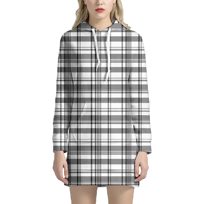 Black And White Madras Pattern Print Pullover Hoodie Dress