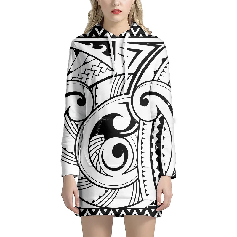 Black And White Maori Pattern Print Pullover Hoodie Dress