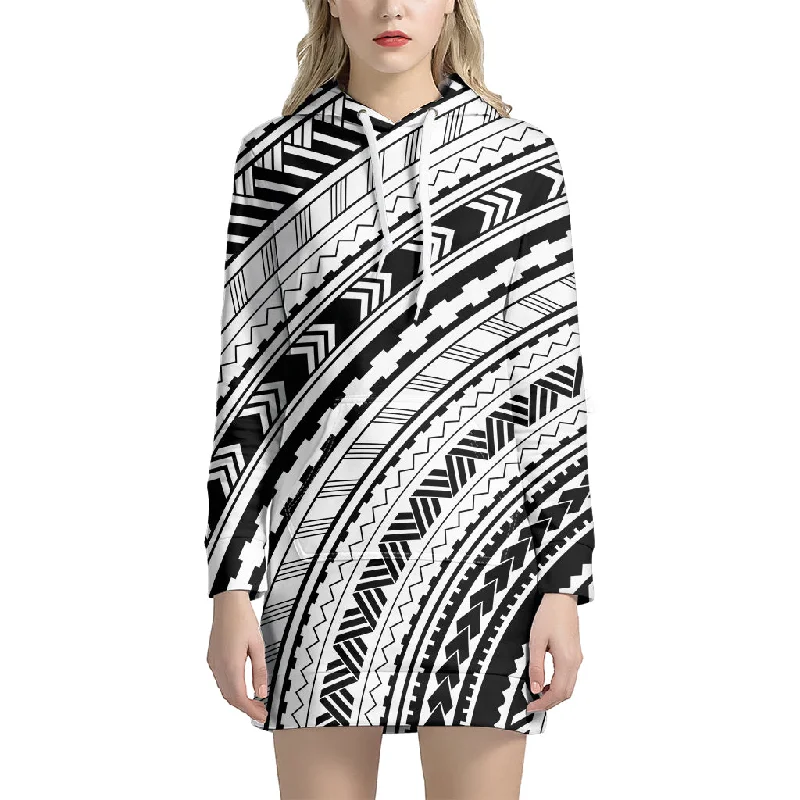 Black And White Maori Polynesian Print Pullover Hoodie Dress