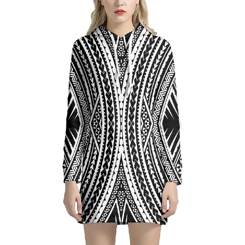 Black And White Maori Tattoo Print Pullover Hoodie Dress