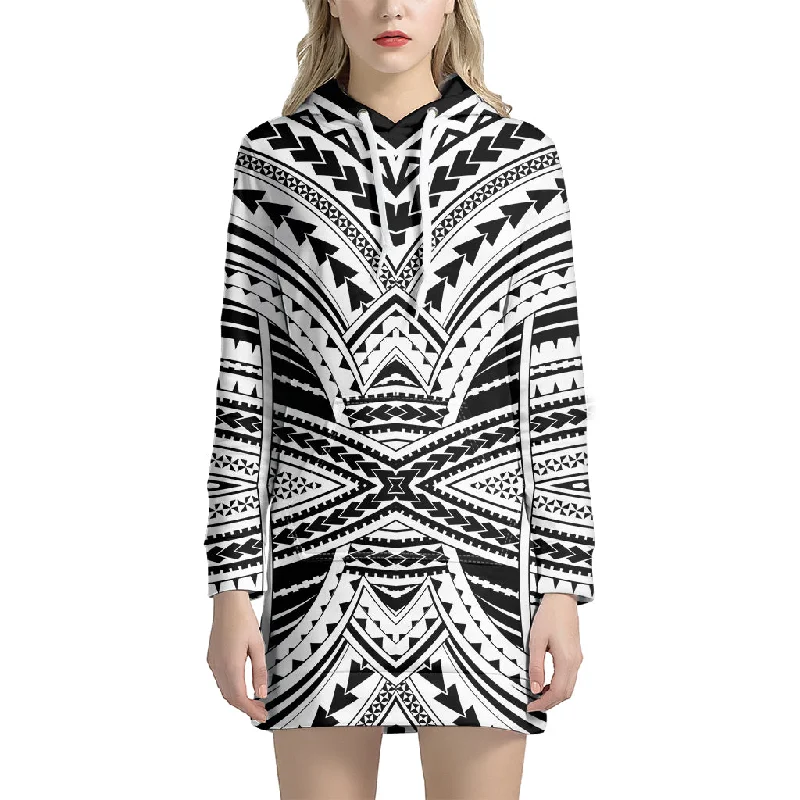 Black And White Maori Tribal Print Pullover Hoodie Dress