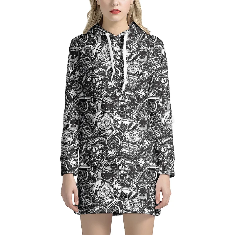 Black And White Mechanic Pattern Print Pullover Hoodie Dress
