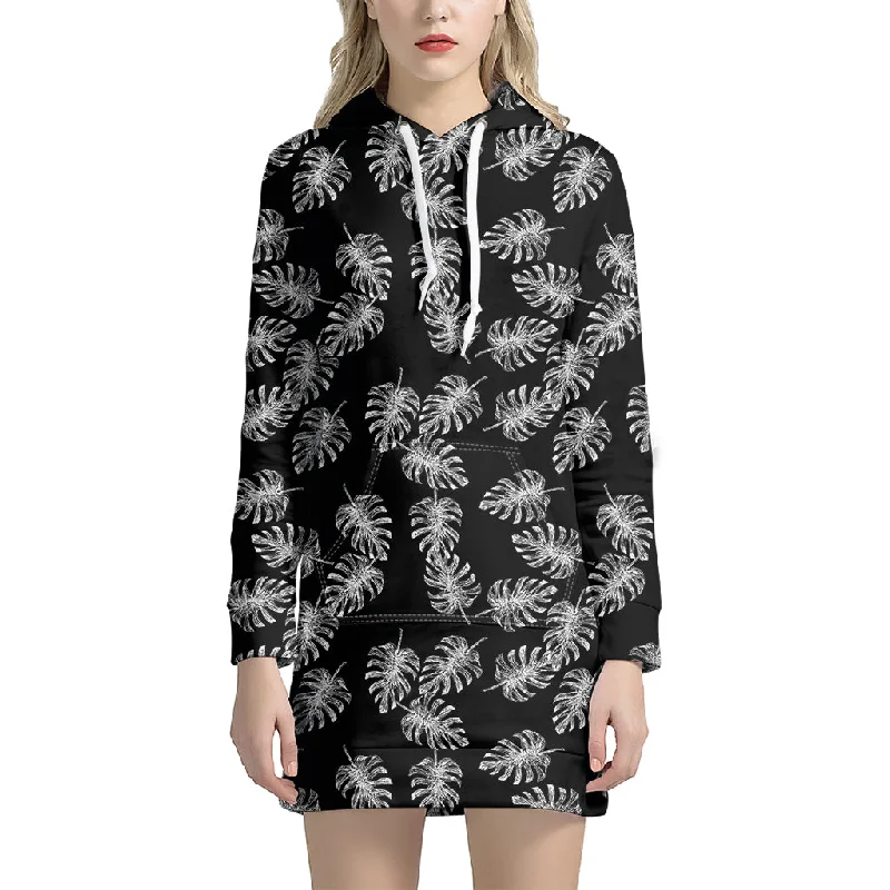 Black And White Monstera Pattern Print Pullover Hoodie Dress
