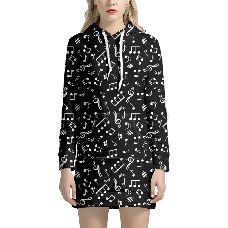 Black And White Music Note Pattern Print Pullover Hoodie Dress