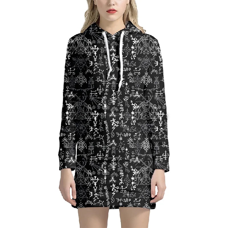 Black And White Mystic Wicca Print Pullover Hoodie Dress