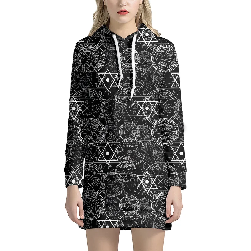 Black And White Mystic Witch Print Pullover Hoodie Dress