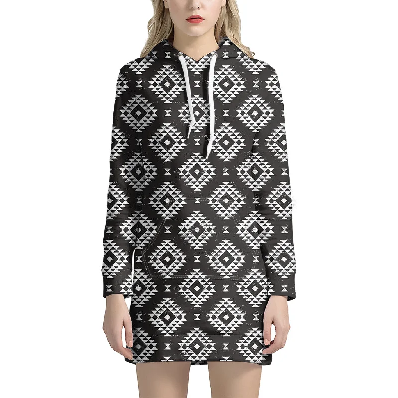 Black And White Navajo Pattern Print Pullover Hoodie Dress