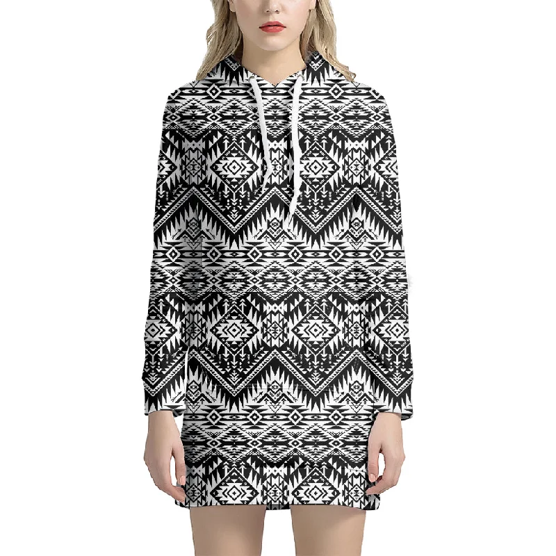 Black And White Navajo Print Pullover Hoodie Dress