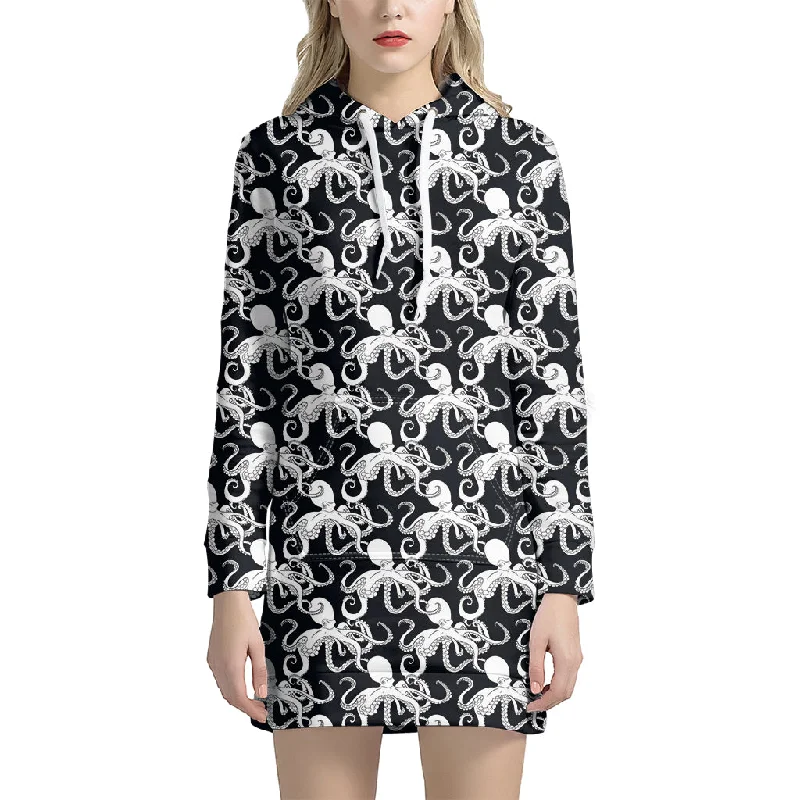 Black And White Octopus Pattern Print Pullover Hoodie Dress