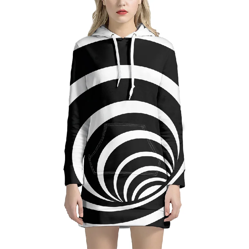 Black And White Optical Illusion Print Pullover Hoodie Dress