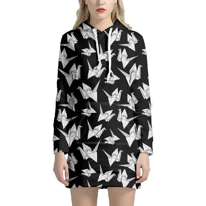 Black And White Origami Pattern Print Pullover Hoodie Dress