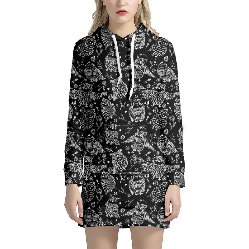Black And White Owl Pattern Print Pullover Hoodie Dress