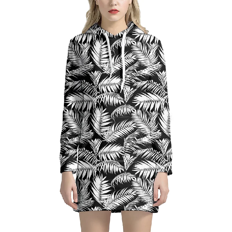 Black And White Palm Leaves Print Pullover Hoodie Dress