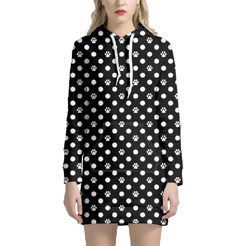 Black And White Paw And Polka Dot Print Pullover Hoodie Dress