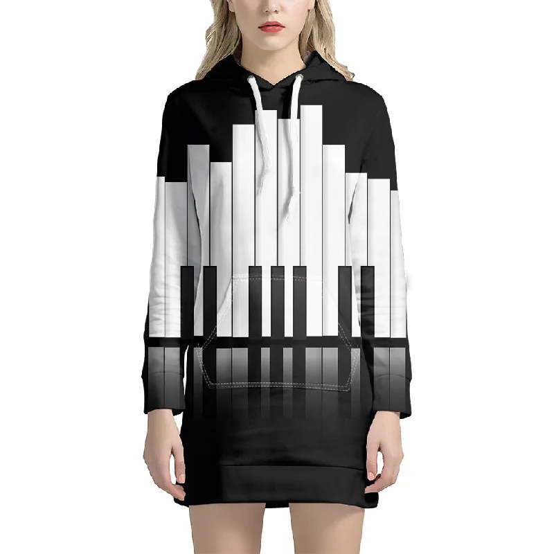 Black And White Piano Keyboard Print Pullover Hoodie Dress