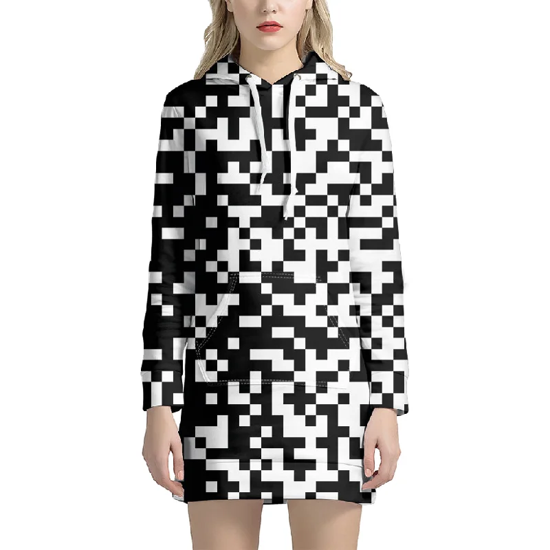 Black And White Pixel Pattern Print Pullover Hoodie Dress