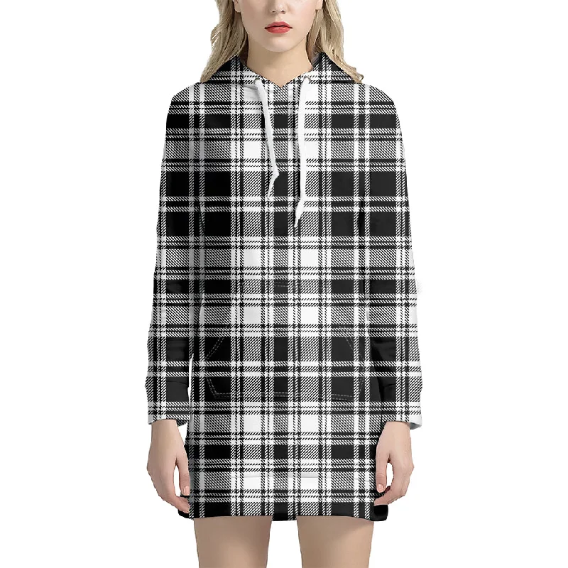 Black And White Plaid Pattern Print Pullover Hoodie Dress