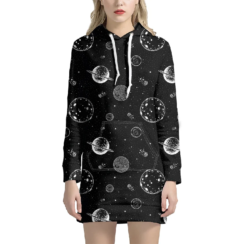 Black And White Planets Pattern Print Pullover Hoodie Dress