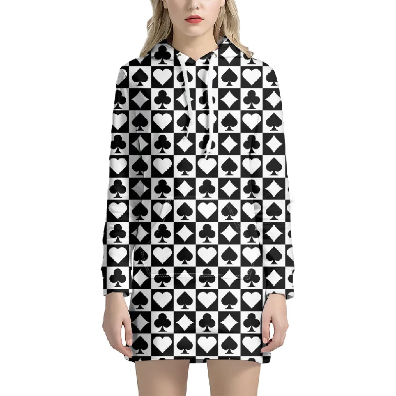 Black And White Playing Card Suits Print Pullover Hoodie Dress