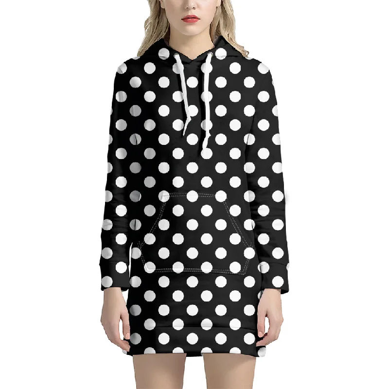 Black And White Polka Dot Pattern Print Pullover Hoodie Dress