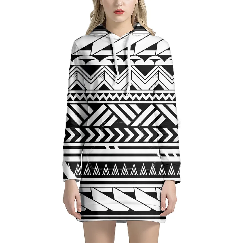 Black And White Polynesian Pattern Print Pullover Hoodie Dress