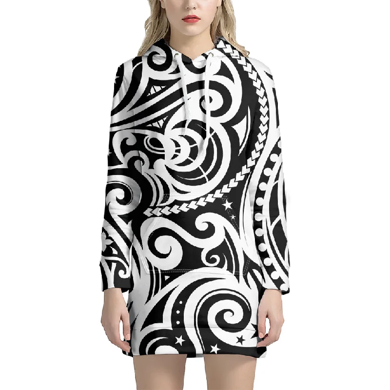 Black And White Polynesian Tattoo Print Pullover Hoodie Dress