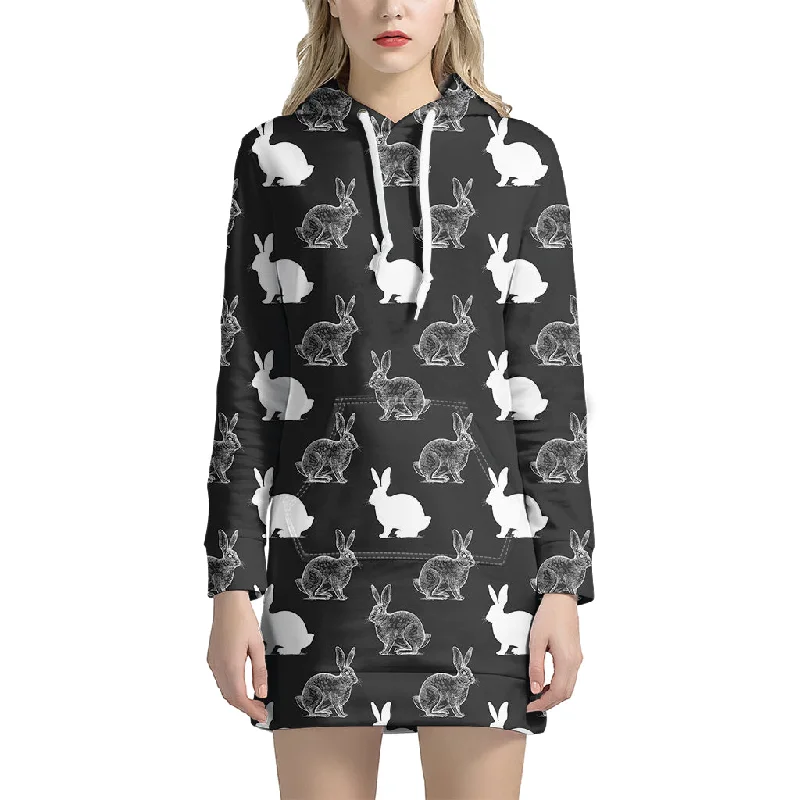 Black And White Rabbit Pattern Print Pullover Hoodie Dress